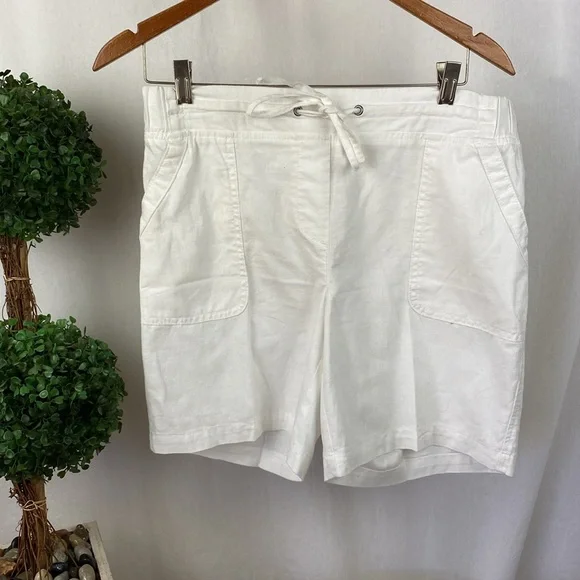 Talbots Linen & Cotton Blend White Drawstring High Waist Bermuda Shorts 6 - Picture 2 of 6